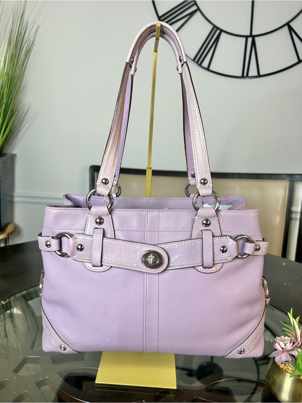 Coach Carly Lavender Leather Carryall Satchel Bag Turnlock #13236